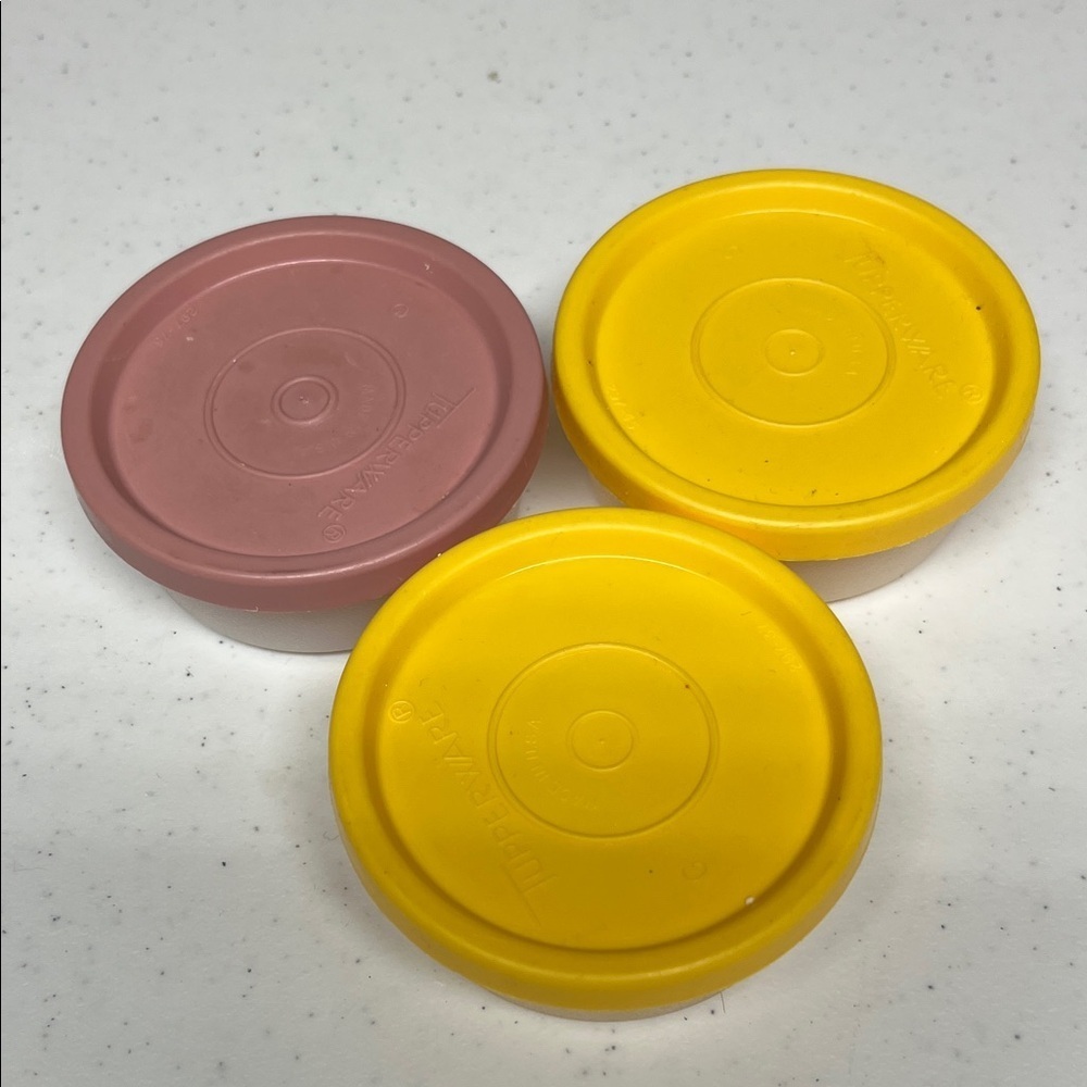 Vintage Tupperware Clear Smidgets Set of 3 with Pink and Yellow Lids